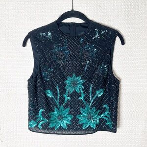 NEEDLE & THREAD black and green beaded mesh sleeveless crop top 4